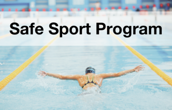 Image of a swimmer doing butterfly with the words Safe Sport Program in black letters.