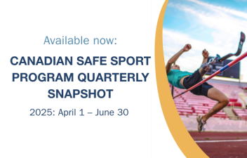 Image of a para high jump athlete with one prosthetic leg. A yellow swoosh appears on the left side, with text reading: 'Available now: Canadian Safe Sport Program Quarterly Snapshot 2025: April 1 to June 30.'