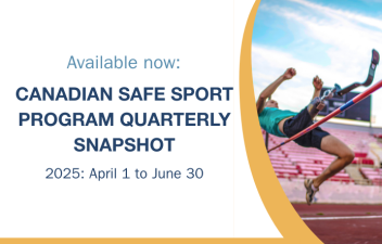Image of a para high jump athlete with one prosthetic leg. A yellow swoosh appears on the left side, with text reading: "Available now: Canadian Safe Sport Program Quarterly Snapshot 2025: April 1 to June 30."